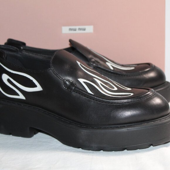 NWB MIU MIU Flame Platform Loafers Black Leather Slip Ons 40 - Picture 7 of 9